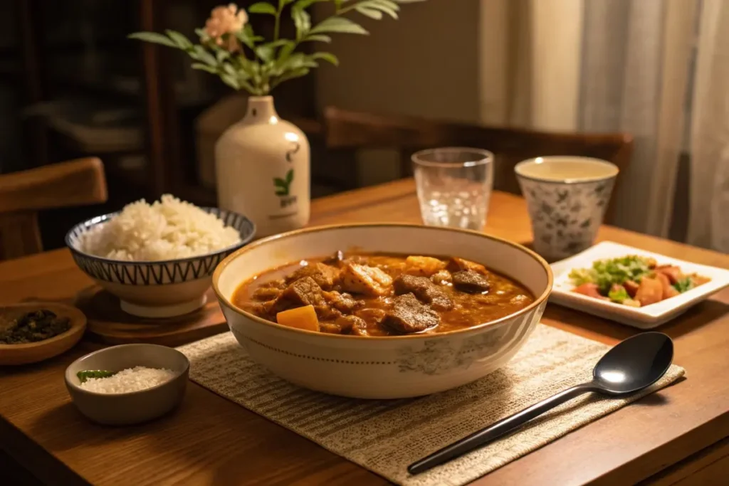 A final welcoming scene showing Japanese chicken curry served family-style, inviting everyone to relish its warmth and rich flavors.