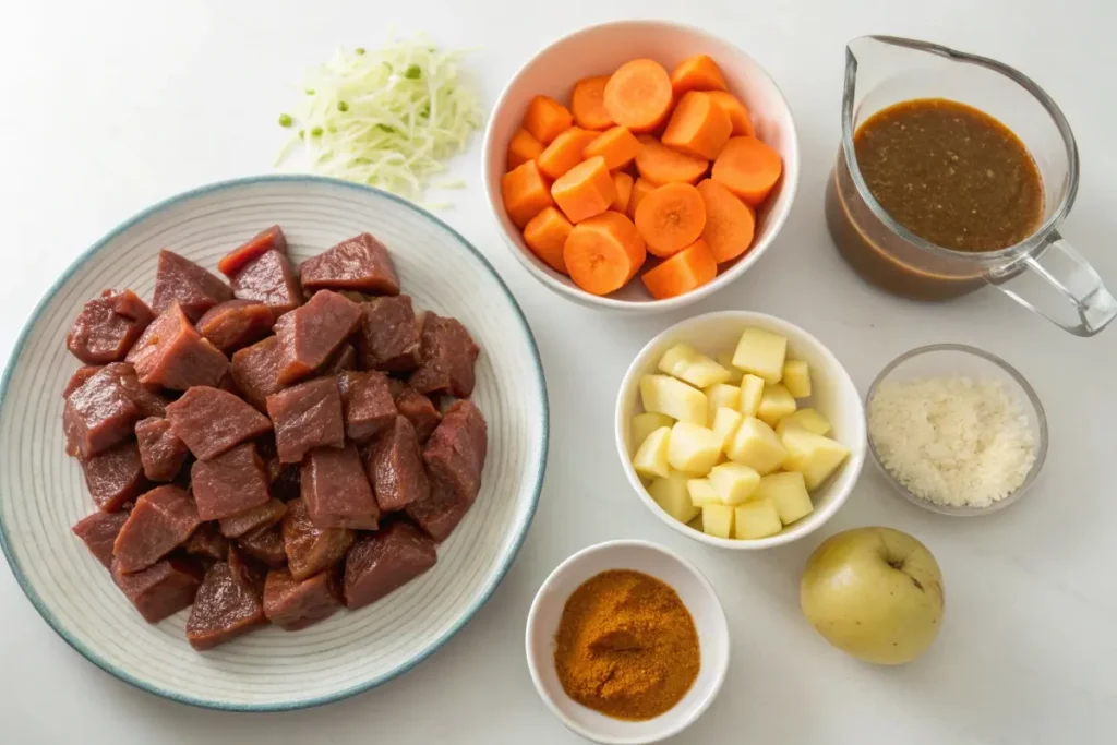  Fundamental ingredients for Japanese beef curry, including beef, carrots, potatoes, onions, and a homemade curry roux for added richness.