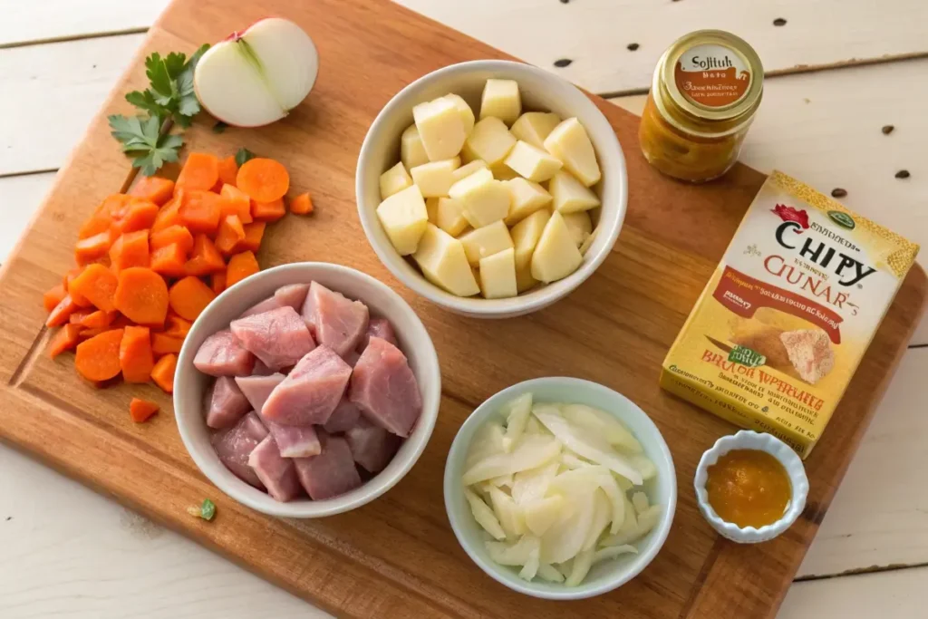  Key components of Japanese chicken curry—chicken, carrots, potatoes, onions, and curry roux—prepared for cooking.