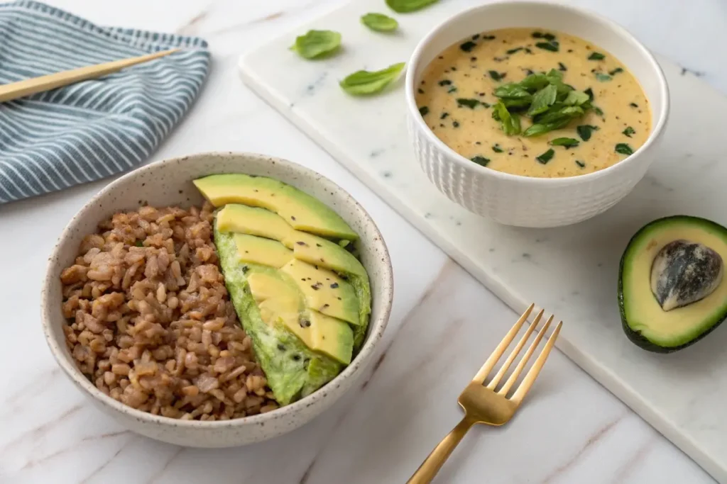 A fusion Japanese breakfast with brown rice, miso soup, and an omelet for modern tastes.
