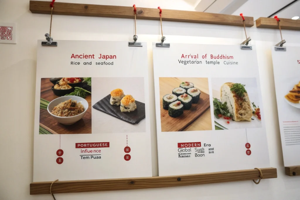 A historical timeline of Japanese cuisine, tracing its ancient rice-based roots, Buddhist vegetarian influences, Western introductions, and global popularity.