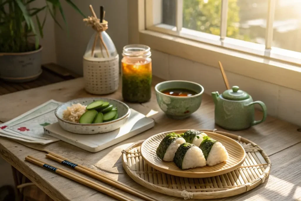 Simple homemade Japanese breakfast spread featuring onigiri, tamagoyaki, and vegetable miso soup.
