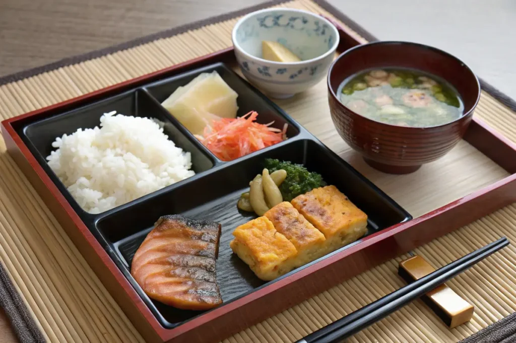 A comprehensive overview of core Japanese breakfast elements arranged on a tray: rice, soup, fish, pickles, and egg.