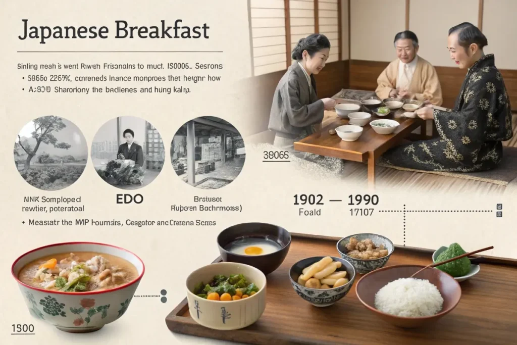 Illustrated timeline of how Japanese breakfast has evolved through the Edo, Meiji, and modern eras,
