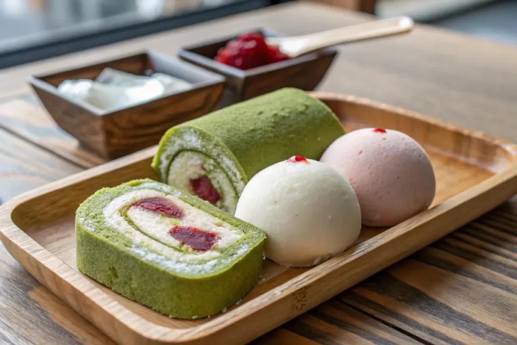  A welcoming assortment of Japanese desserts featuring mochi, dorayaki, and matcha cake, symbolizing the richness of Japan’s sweet traditions.