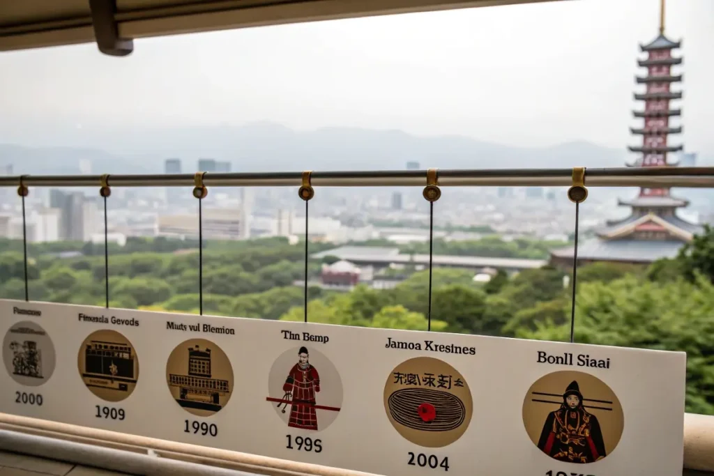 A visual timeline of Japanese culinary evolution, from ancient rice cultivation to modern fusion influences.