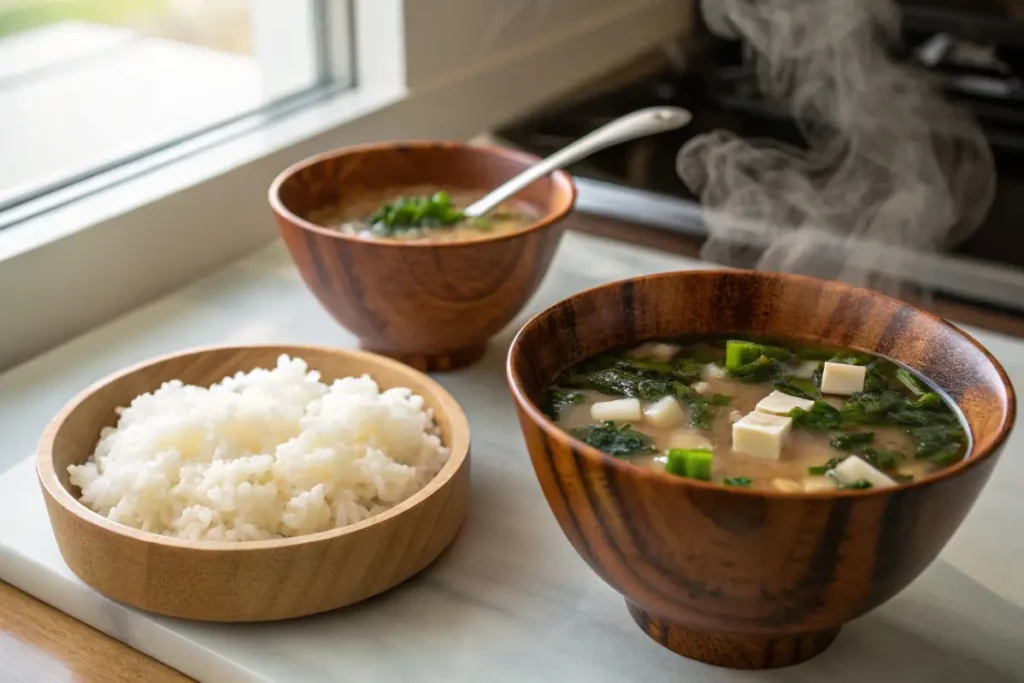 Steamed rice and miso soup, core elements of a Japanese breakfast.
