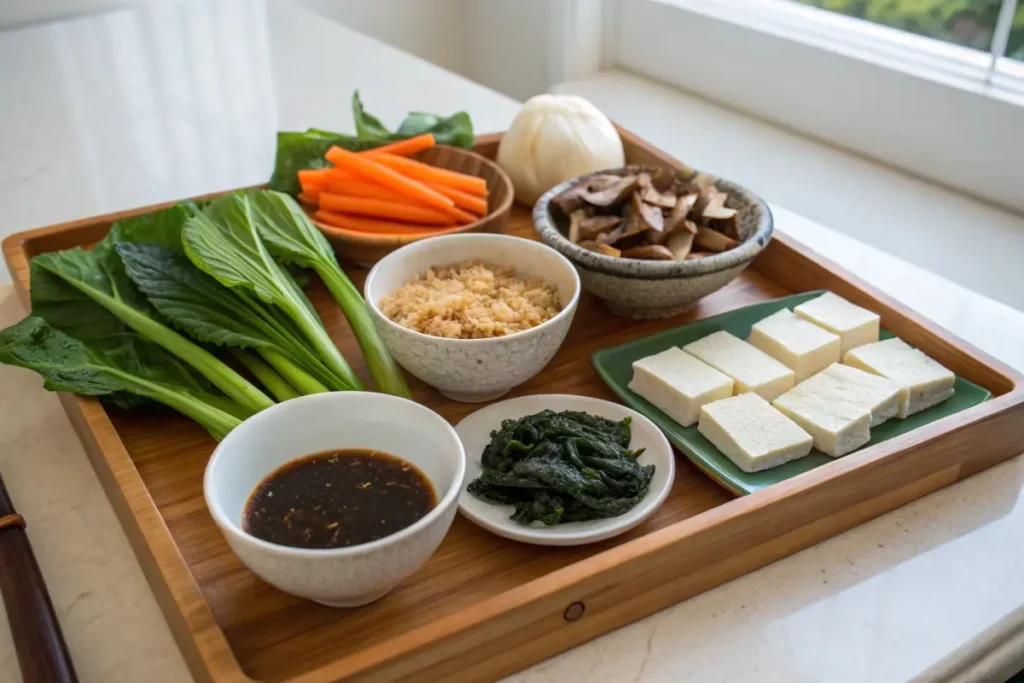 Essential building blocks of healthy Japanese meals, including grains, protein sources, and flavorful condiments.