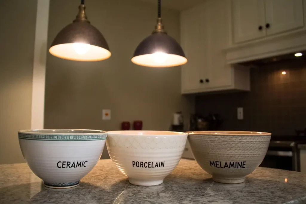  Three large ramen bowls made of different materials—ceramic, porcelain, and melamine—showing variations in texture, gloss, and thickness.