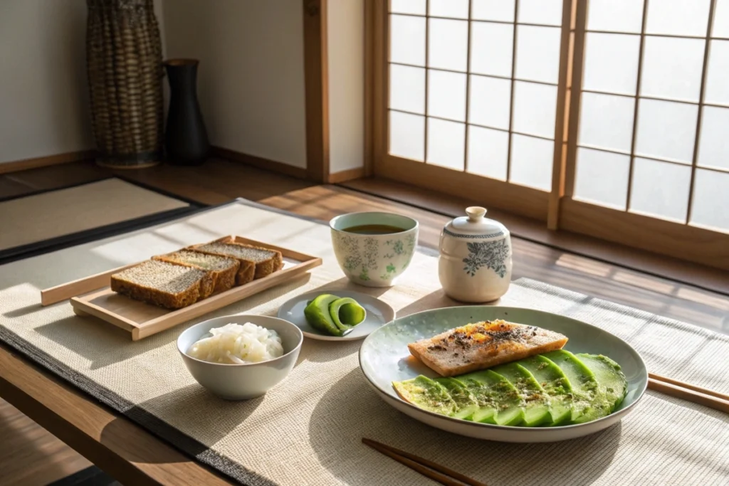 A contemporary Japanese breakfast table combining classic staples like rice and grilled fish with Western avocado toast.