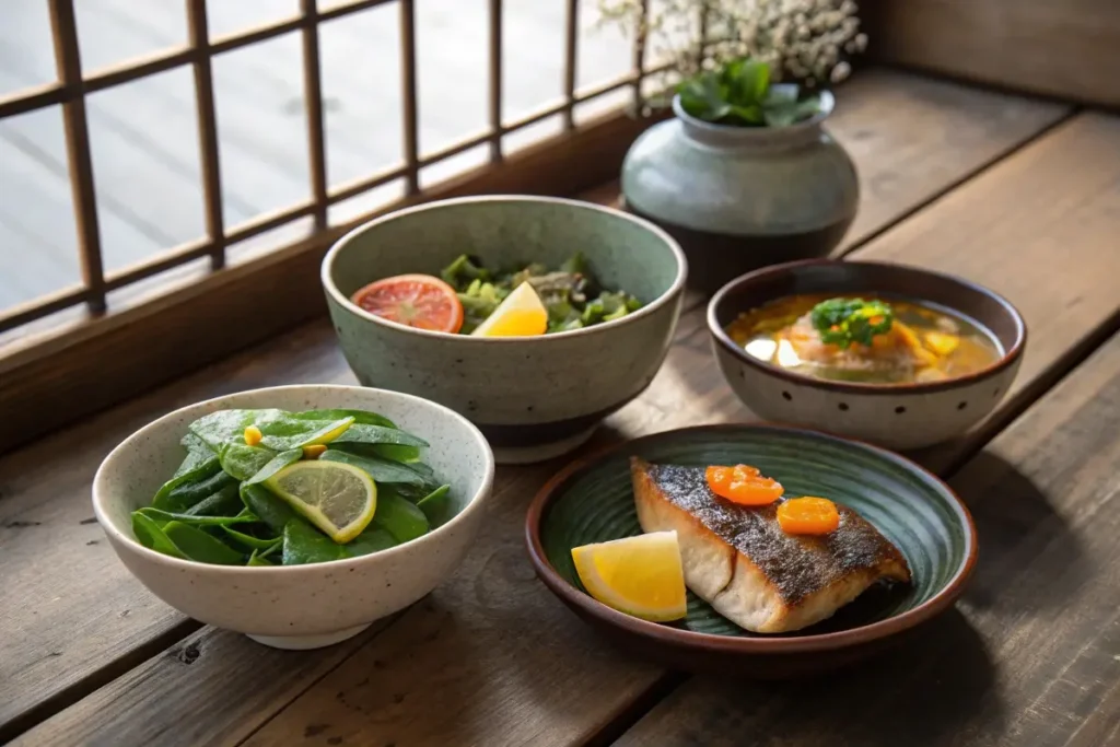 Seasonal Japanese breakfast dishes incorporating fresh produce and grilled fish.
