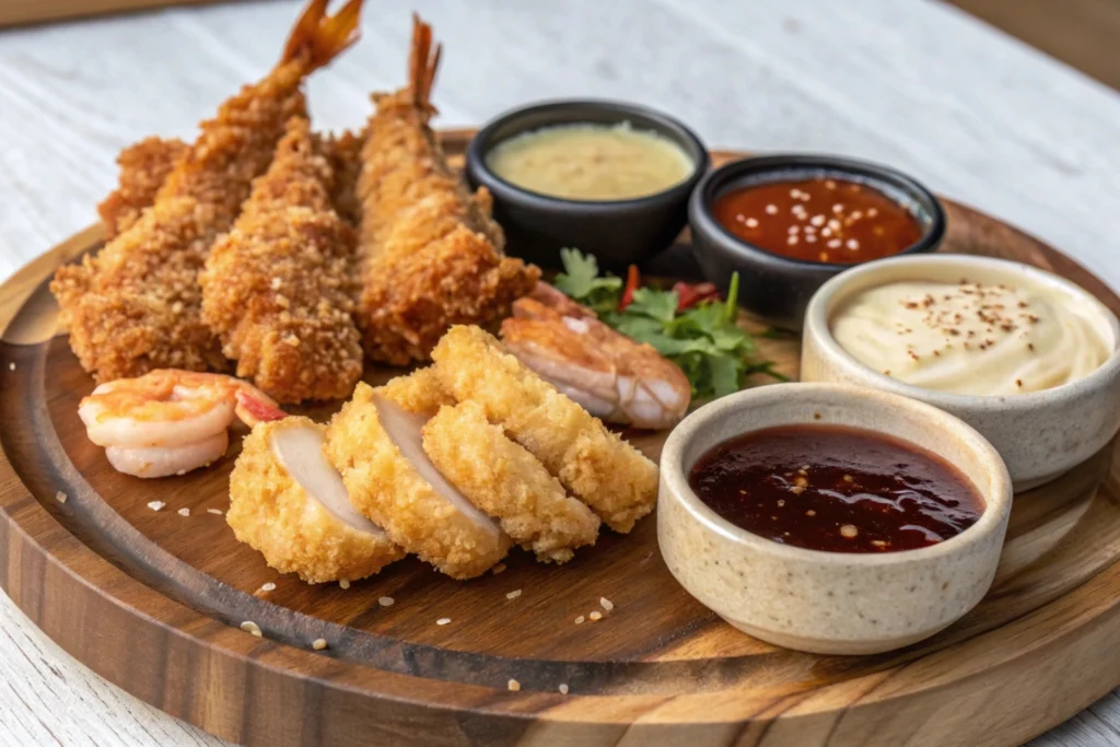 A selection of Japan’s most popular fried dishes—tempura shrimp, tonkatsu, and karaage—served with assorted dipping sauces for a crispy, flavorful feast.