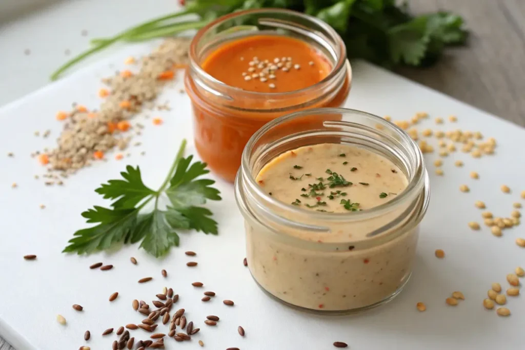 Two fundamental Japanese salad dressings: a zesty ginger version and a creamy sesame variant, side by side in glass jars.