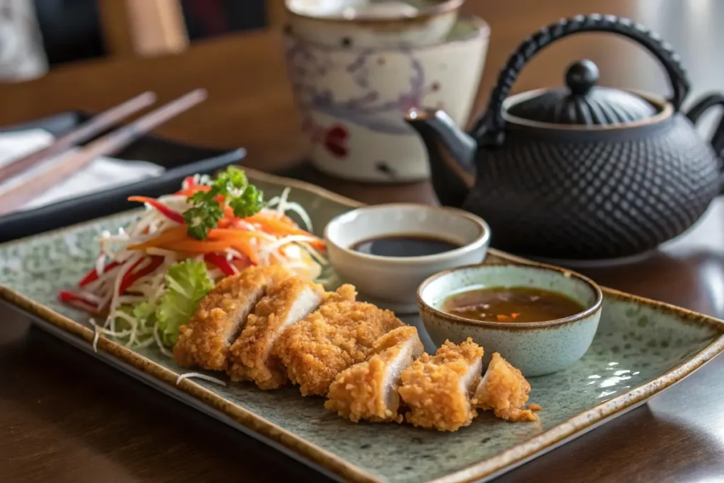 A plate of finished chicken nanban with extra sauce on the side, evoking a warm, inviting Japanese dining atmosphere.