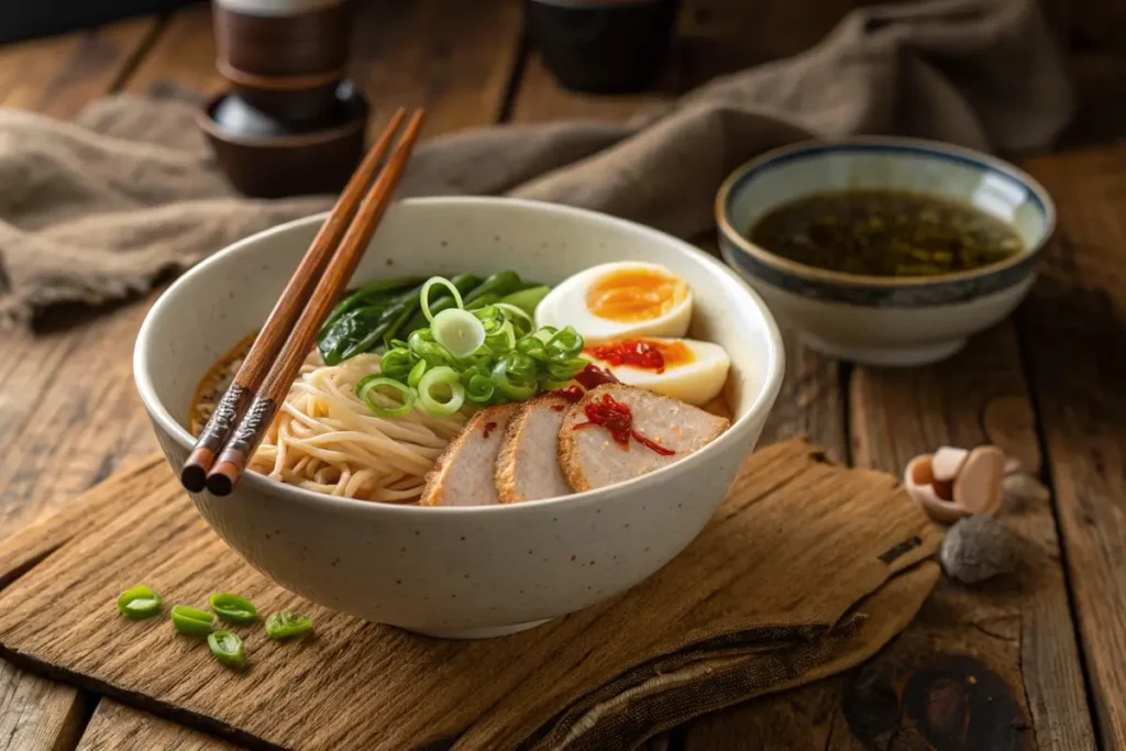 Final presentation of a completed ramen bowl, highlighting rich broth, vibrant toppings, and a comforting ambiance.