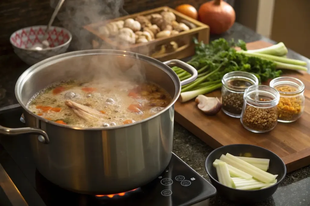  Broth simmering in a stockpot with roasted bones and fresh aromatics for enhanced flavor.