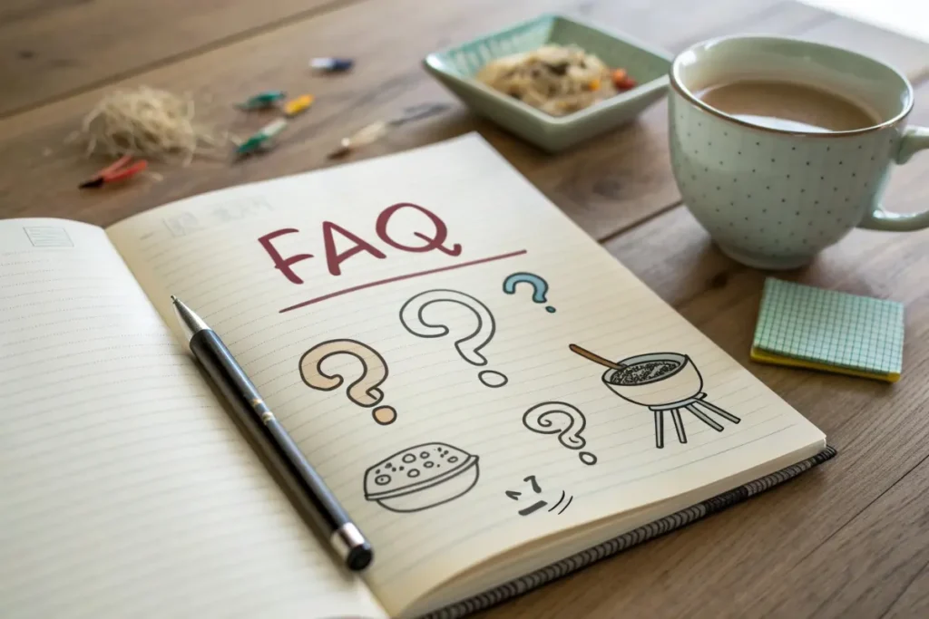  Illustration of common ramen FAQ questions and doodles of ramen bowls.