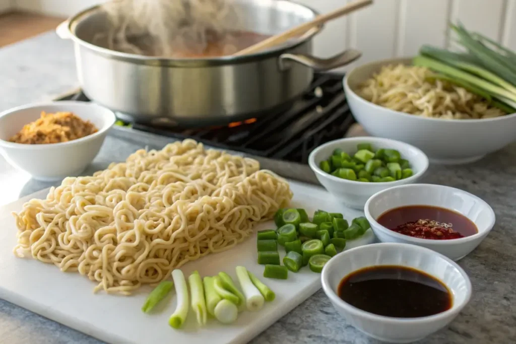 An assortment of ramen ingredients—fresh noodles, aromatics, and seasonings—arranged to show variety.
