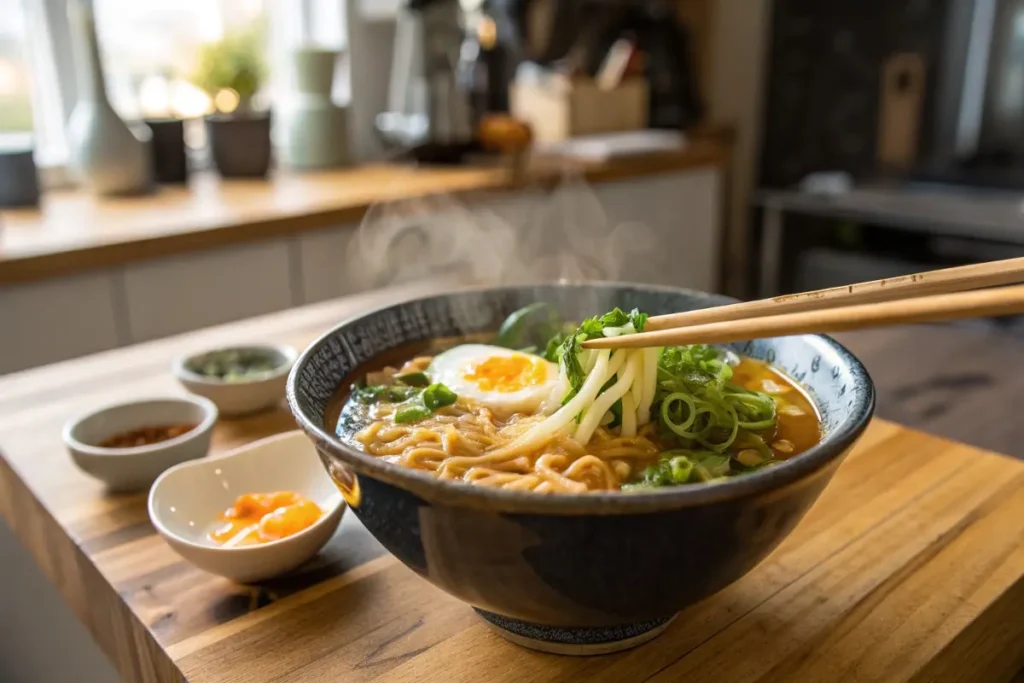 Introductory Ramen Noodle Bowl Recipe with savory broth, noodles, egg, and garnishes.
