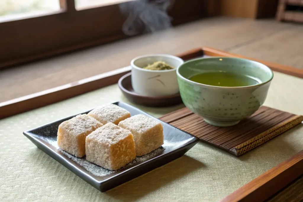  Elegant tray with warabimochi and a cup of green tea, capturing the essence of Japanese dessert culture.