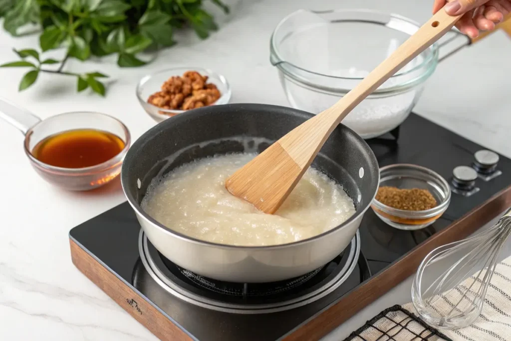 Warabimochi cooking process showing bracken starch mixture thickening on the stovetop.