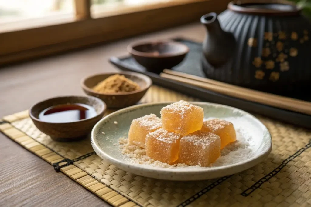 A plate of translucent warabimochi dusted with kinako, served with syrup on a Japanese tatami table.
