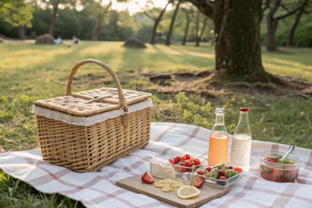  Warabimochi served as a refreshing picnic dessert alongside fresh fruit and bottled drinks.
