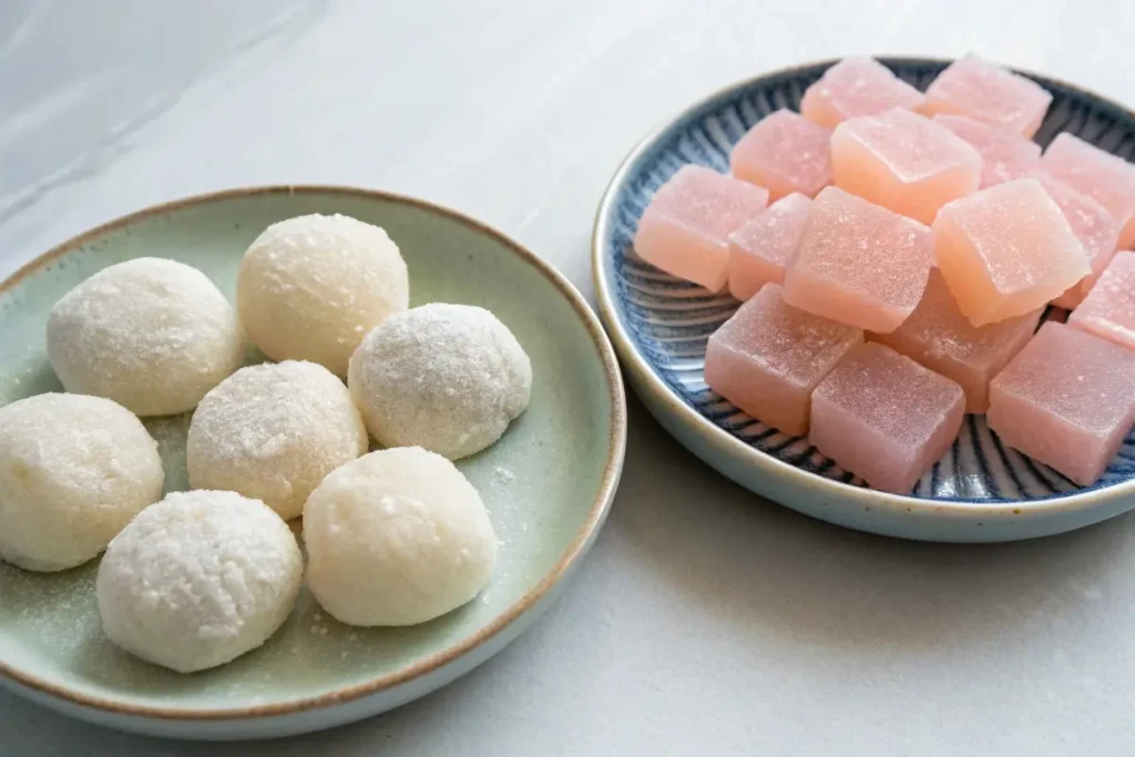 color. Comparison of mochi and warabimochi plated side by side, highlighting their texture and appearance differences.